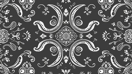 A decorative pattern featuring intricate floral and paisley designs in white on a dark background.