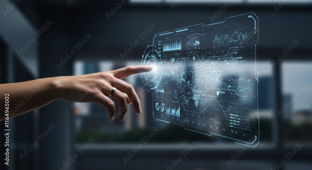 Poster futuristic interactive holographic display with human hand touching virtual interface