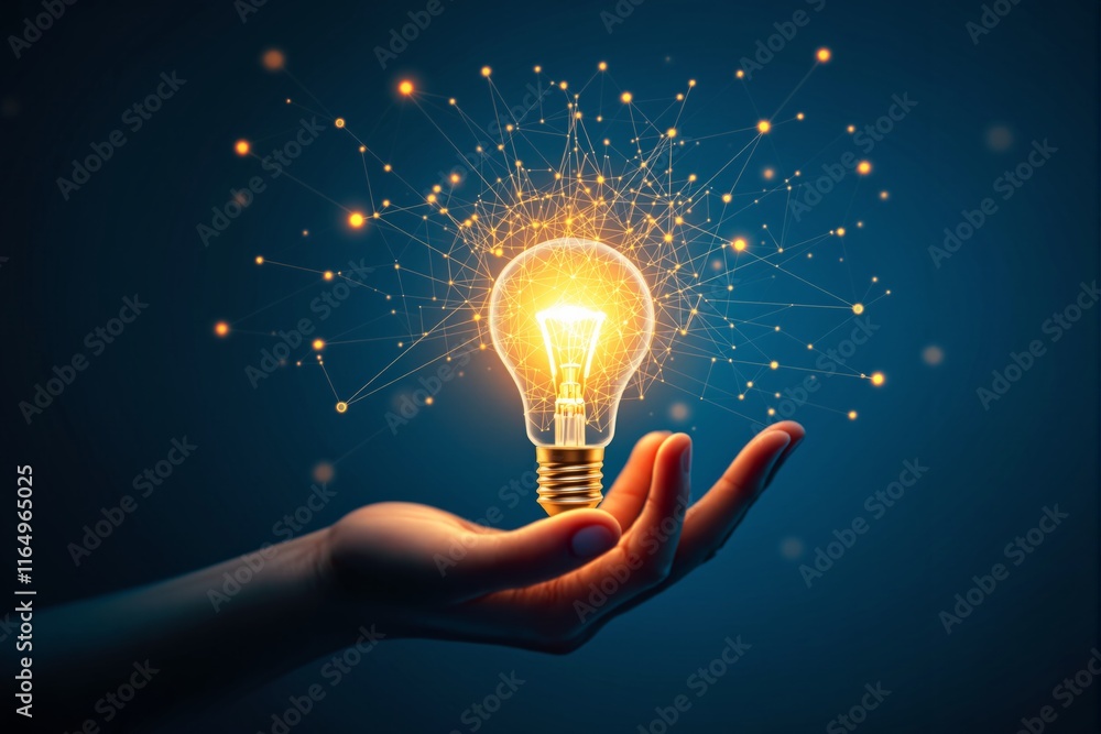 Poster a glowing light bulb held by a hand with connected dots and lines symbolizing ideas, innovation on a