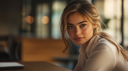 A picture of a joyful, attractive woman sitting at an office and gazing at the camera