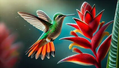 Obraz premium Hyper Realistic Hummingbird in Mid-Flight with Red Flower