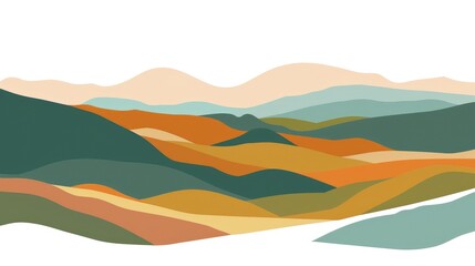 Abstract landscape illustration with layered hills in warm colors.