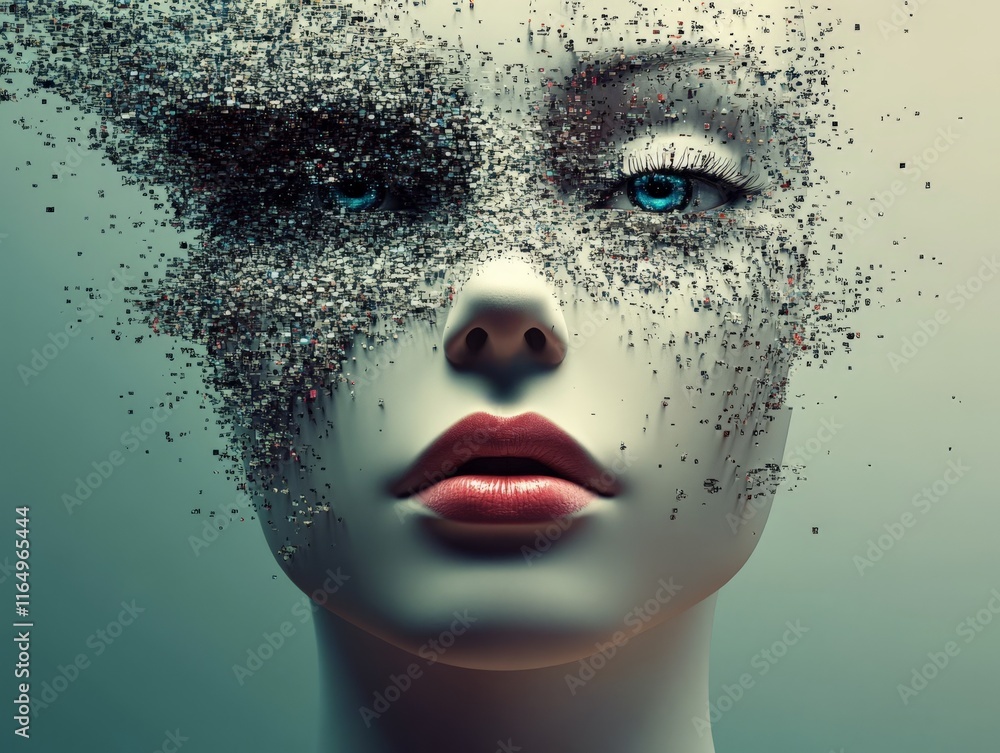 Poster a fragmented mannequin face dissolving into particles, symbolizing transformation and identity.