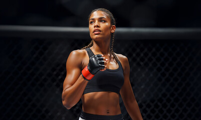 Pro black female combat fighter, professional portrait inside an octagon ring