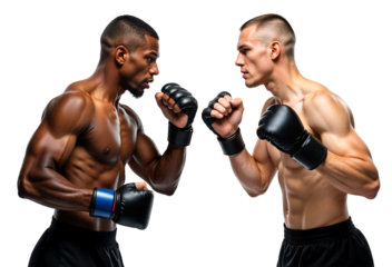 Two combat fighter head to head ready to fight doing staredown, caucasian and black