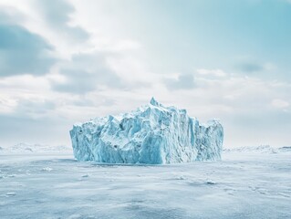 A large, icy glacier stands majestically against a cloudy sky in a serene, frozen landscape.