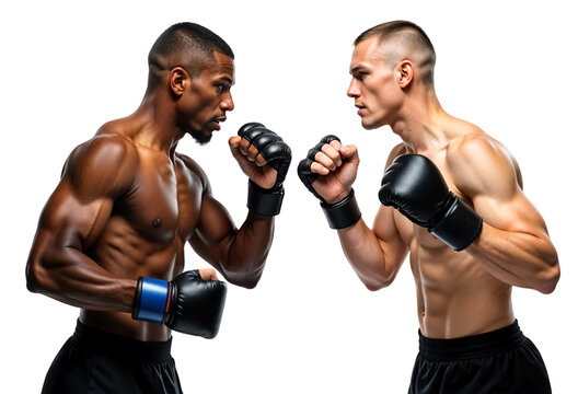 Two combat fighter head to head ready to fight doing staredown, caucasian and black