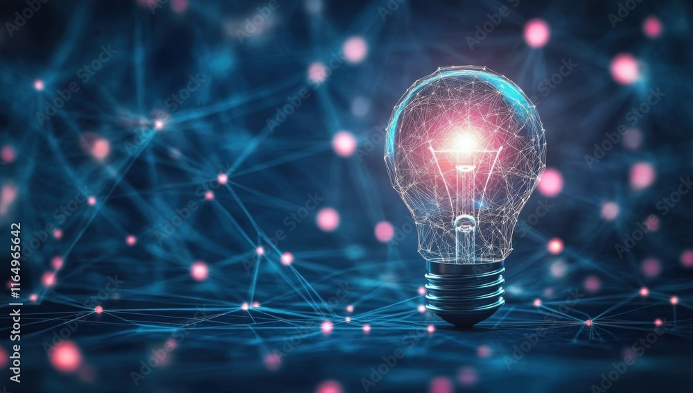 Poster illuminating innovation network: a glowing lightbulb within a digital web of connections