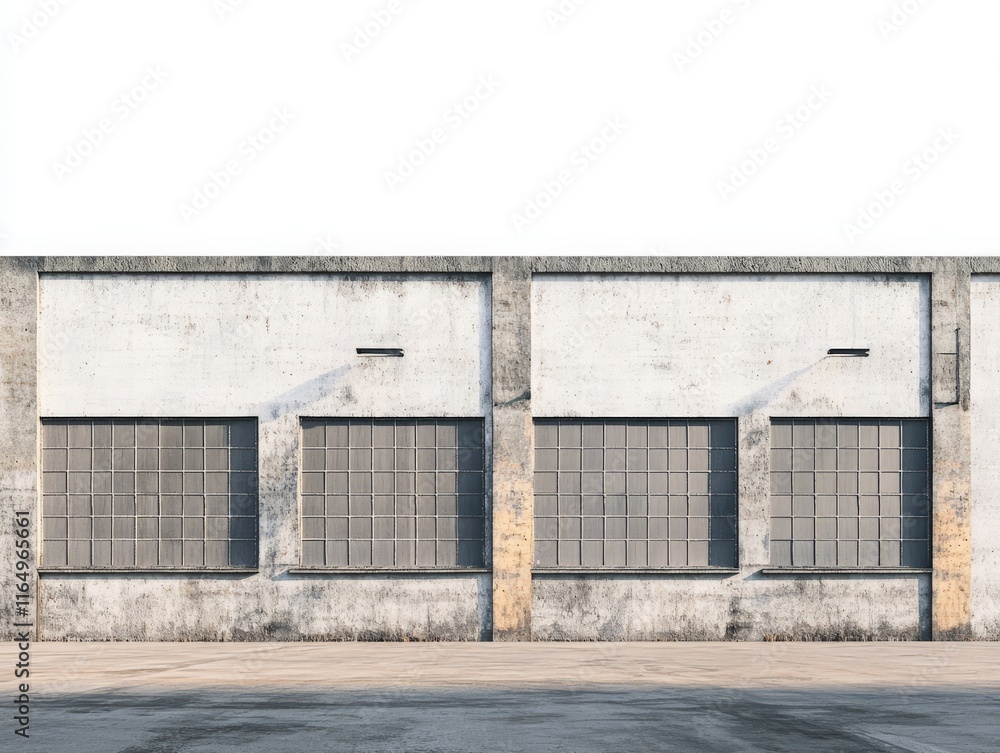 Poster a textured industrial wall with multiple windows in a minimalist setting.