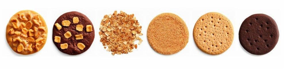 Obraz premium Isolated Set of Various Delicious Cookies Including Crunchy, Chewy, and Sweet Biscuit Types for Culinary Themes and Food Photography Needs