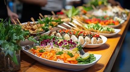 A vibrant array of traditional Asian dishes beautifully arranged on a wooden table at a cultural festival, with colorful garnishes and fresh herbs, capturing the essence of Asian culinary diversity 