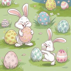 Cute bunnies with Easter eggs in a spring meadow for a spring time holiday easter illustration 