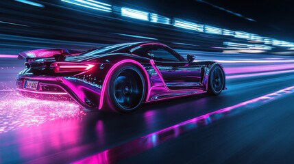 Obraz premium A futuristic car racing through a neon-lit environment, leaving a trail of sparks.