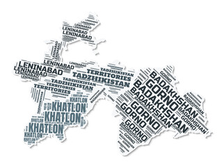 Tajikistan shape text cloud. Country border with shadow on white background. Tajikistan with regions division in vintage gazette style. Trending vector illustration.
