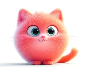 Adorable pink fluffy kitten, cartoon style, 3D render, isolated on white background.