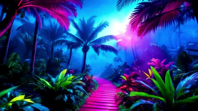 Dreamlike tropical landscape: A pink pathway meanders through a mystical jungle bathed in vibrant neon light.