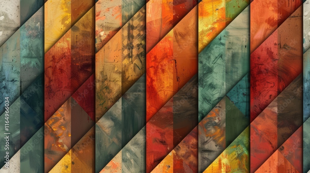 Poster a vibrant abstract pattern featuring diagonal shapes in warm and cool tones.