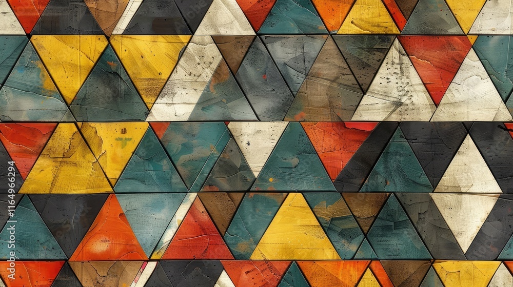 Poster a vibrant geometric pattern of triangles in various colors and textures.