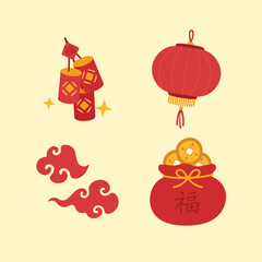Set of Cute Chinese New Year Decorative Element Icon Illustration