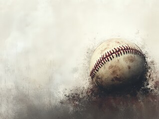 A weathered baseball rests on a textured background, evoking a sense of nostalgia.