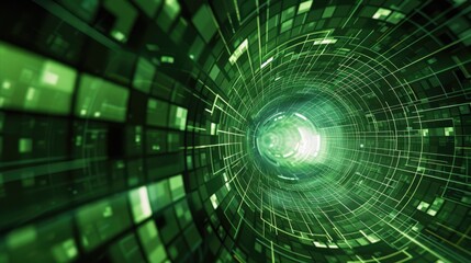 A digital tunnel with green light and grid patterns, symbolizing technology and data flow.