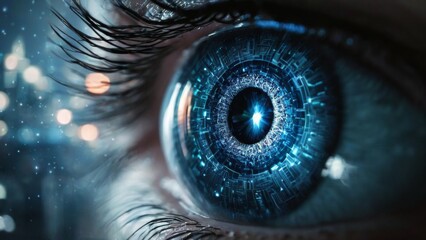 "Futuristic Close-Up of Deep Blue Eye with Technological Iris and Glowing Dots, Cityscape Background"
