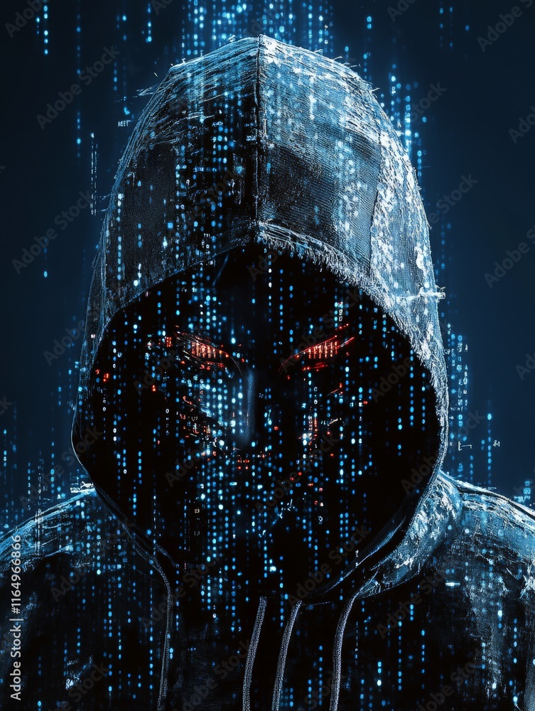 Poster a hooded figure with glowing red eyes amidst a digital rain of binary code.