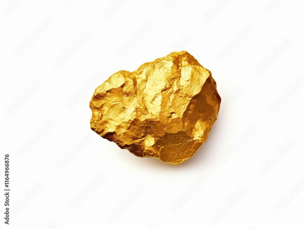 Poster realistic golden nugget on a clean white background showcasing shiny metallic texture with natural p