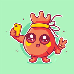 cheerful money bag character mascot taking a selfie with a smartphone isolated cartoon 
