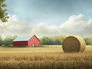 A serene rural landscape featuring a red barn and a hay bale under a cloudy sky.