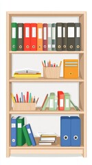 Organized Wooden Bookshelves with Colorful Files and Books