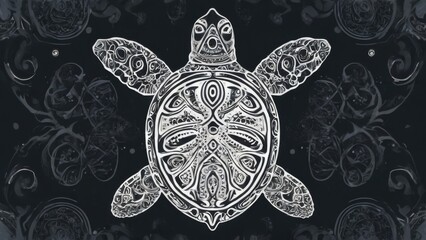 Black and white sea turtle illustration with intricate tribal patterns and symmetrical designs in a dark grey background.
