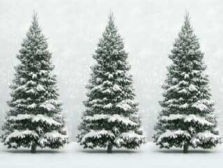Obraz premium Three snow-covered evergreen trees in a winter landscape.