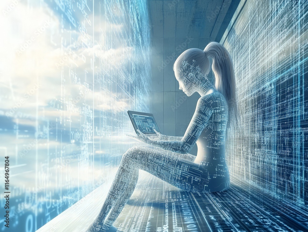 Poster a digital figure interacts with technology, surrounded by flowing data and light.