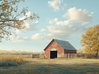A rustic red barn stands in a serene landscape under a clear sky with fluffy clouds.