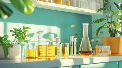 A vibrant laboratory scene with various glass containers filled with liquids.