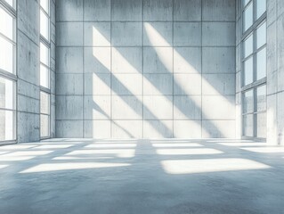 Obraz premium A spacious, minimalist interior with concrete walls and large windows allowing natural light.