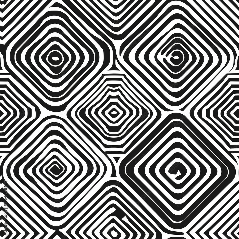 Poster a black and white pattern featuring concentric diamond shapes creating a visually striking design.