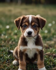 A cute brown puppy with a distinctive white patch on its face