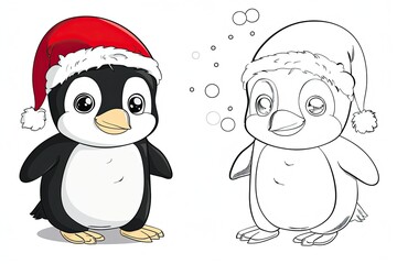 Fototapeta premium Black-and-white Christmas coloring page and its vibrant colored version for kids