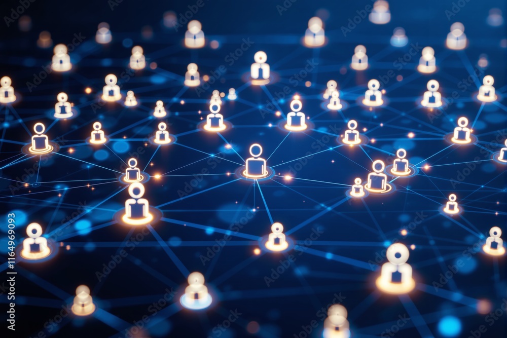 Poster connected glowing icons of individuals form a digital network pattern with blue tones, highlighting 