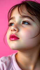 cropped view of tender girl with pink lips, isolated on pink, panoramic shot, dreamy atmosphere, with white tones