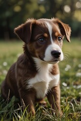 A cute brown puppy with a distinctive white patch on its face