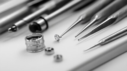 Expert jewelry tools and sparkling diamond showcasing precision craftsmanship in gemstone setting, ideal for professional jewelers and gem enthusiasts.