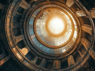 A spiral view of a grand architectural structure with sunlight streaming through glass.