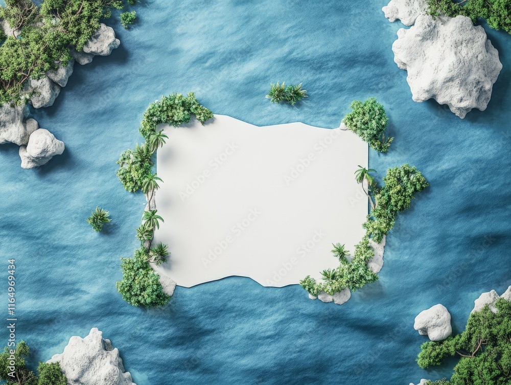 Poster a serene island scene with a blank space for text surrounded by water and greenery.