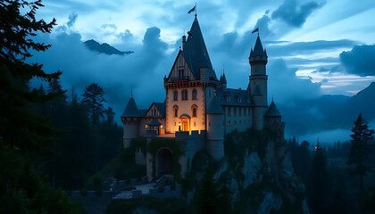Fototapeta premium Enchanted Castle in Twilight Mist