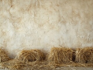 A rustic scene featuring straw bales against a textured wall.
