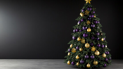 Luxurious Christmas tree purple gold ornament pinecone shimmering light dramatic black background elegant holiday centerpiece advertising marketing banner campaign vibe dark soft charm light mood