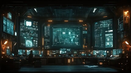 Obraz premium A futuristic control room filled with screens and data displays.